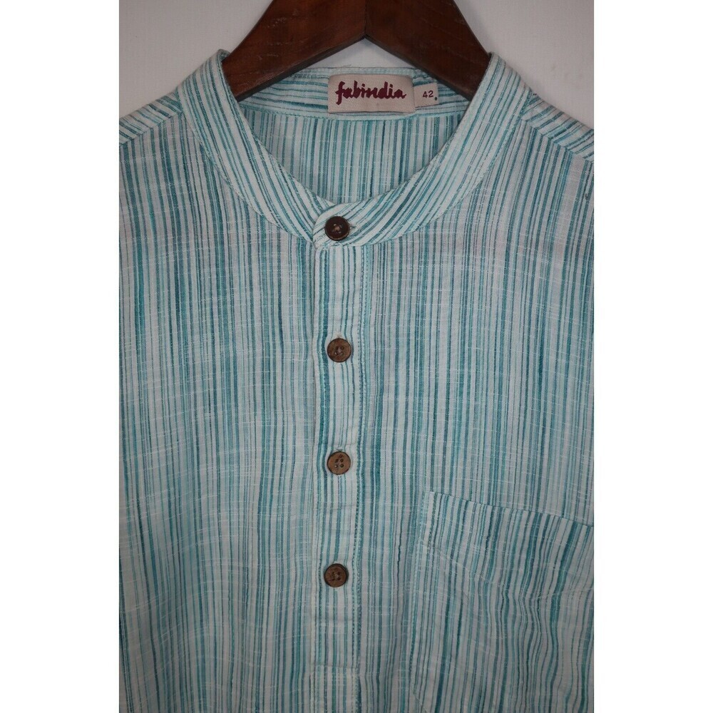 Fabindia Men's Kurta Tunic Shirt Size 42 XL Blue White Stripes Pullover Cotton - Picture 4 of 7
